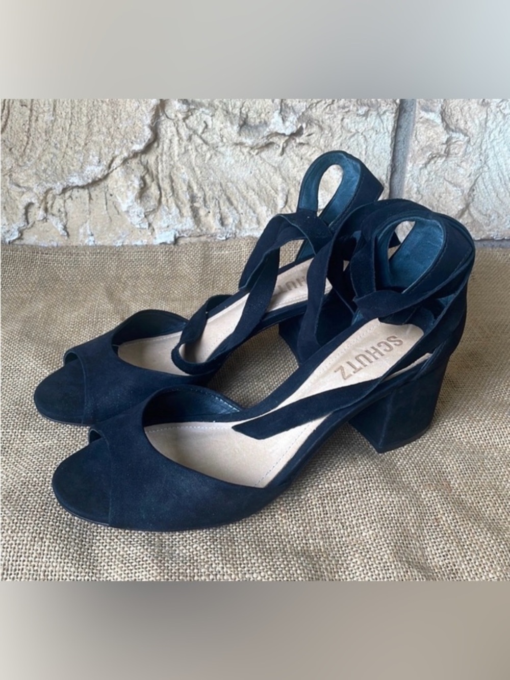 SCHUTZ Kelma Black Suede Leather Ankle Tie Wrap Block Heel Sandals Size 6 1/2 B